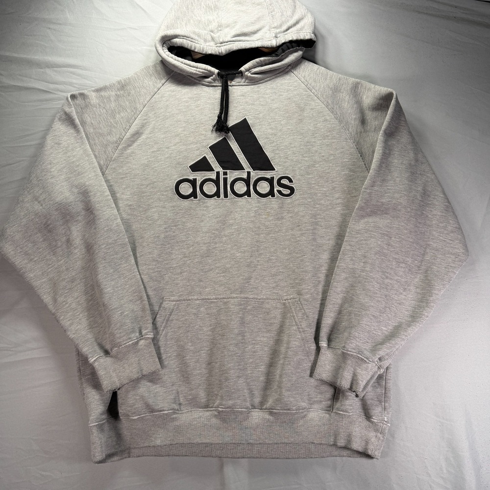 Vintage Y2K Adidas Hoodie Mens XL Gray Pullover Sweatshirt Big Logo Fleece - Picture 2 of 10